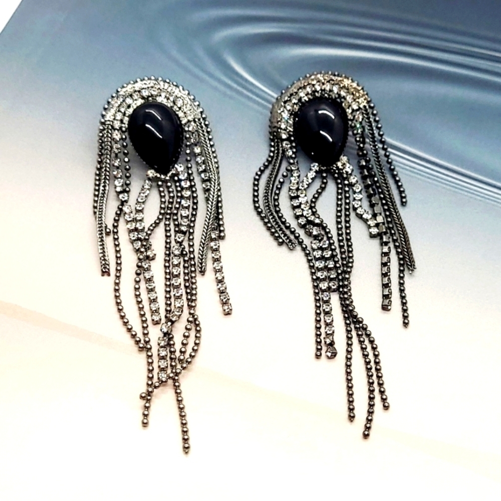Glamorous Vintage Teardrop Crystal Tassel Long Silver  Drop Earrings